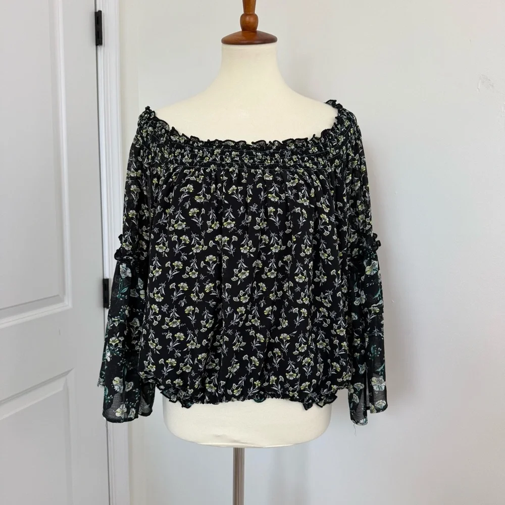 Free People‎ Black Floral Off the Shoulder Blouse Size M Medium